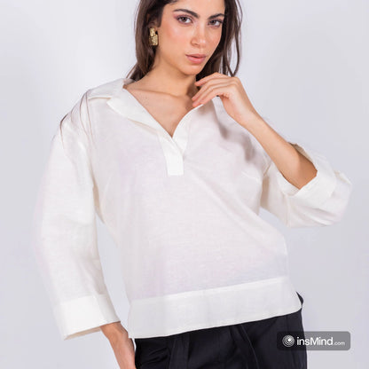 Off-white linen blouse with collar shirt