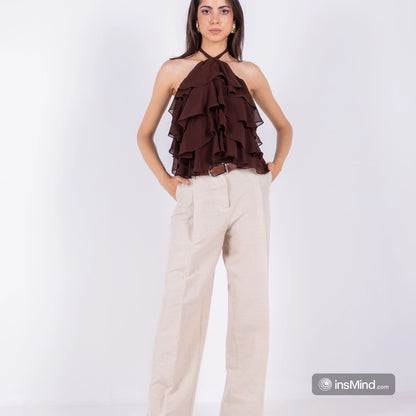 Brown Chiffon Ruffles Top