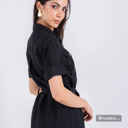 MIDI BLACK LINEN DRESS