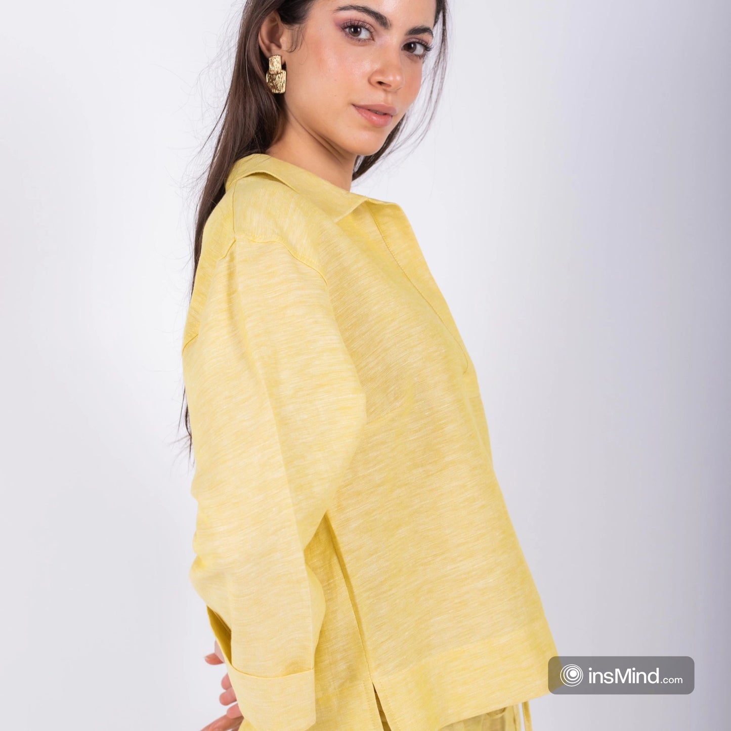 Yellow linen blouse with collar shirt