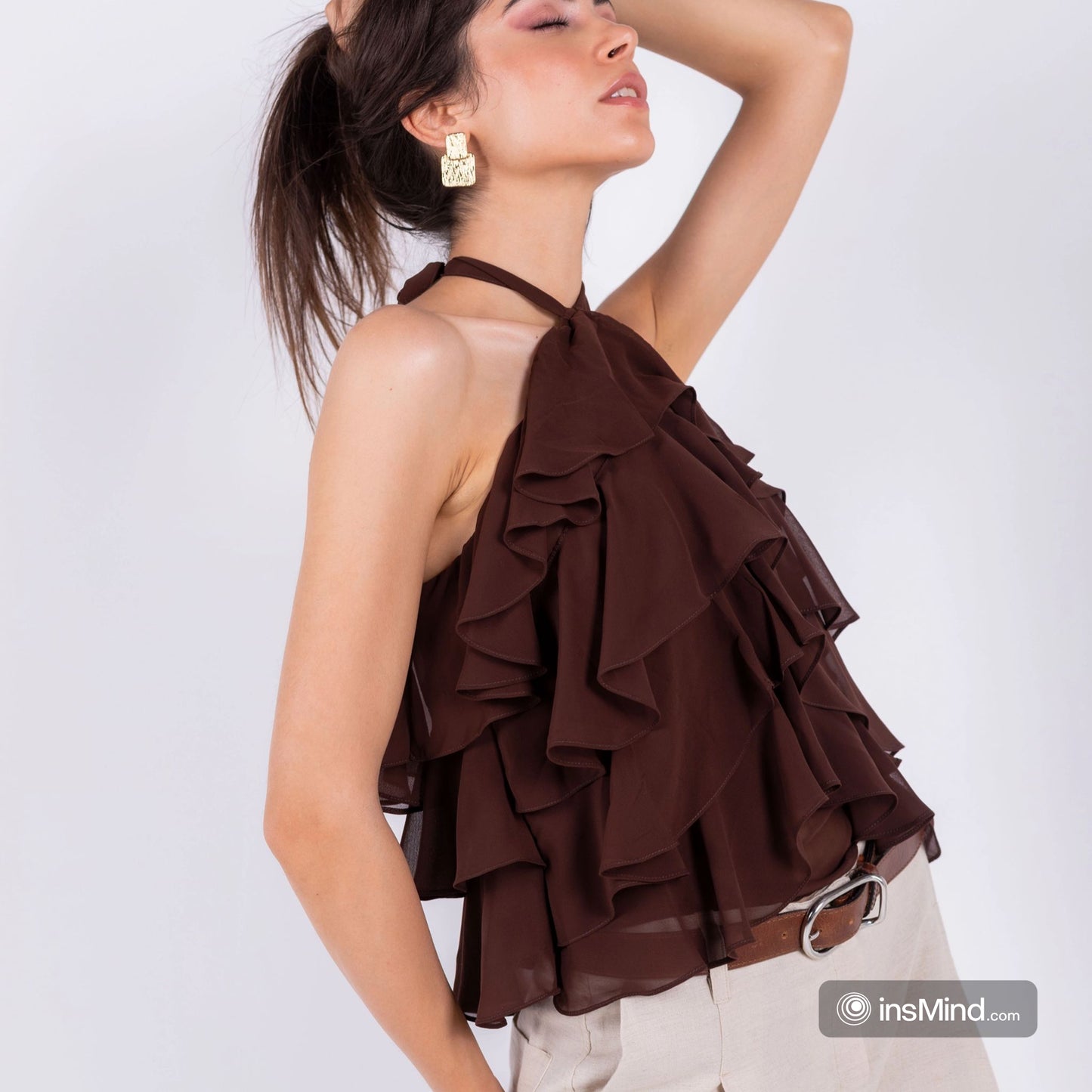 Brown Chiffon Ruffles Top