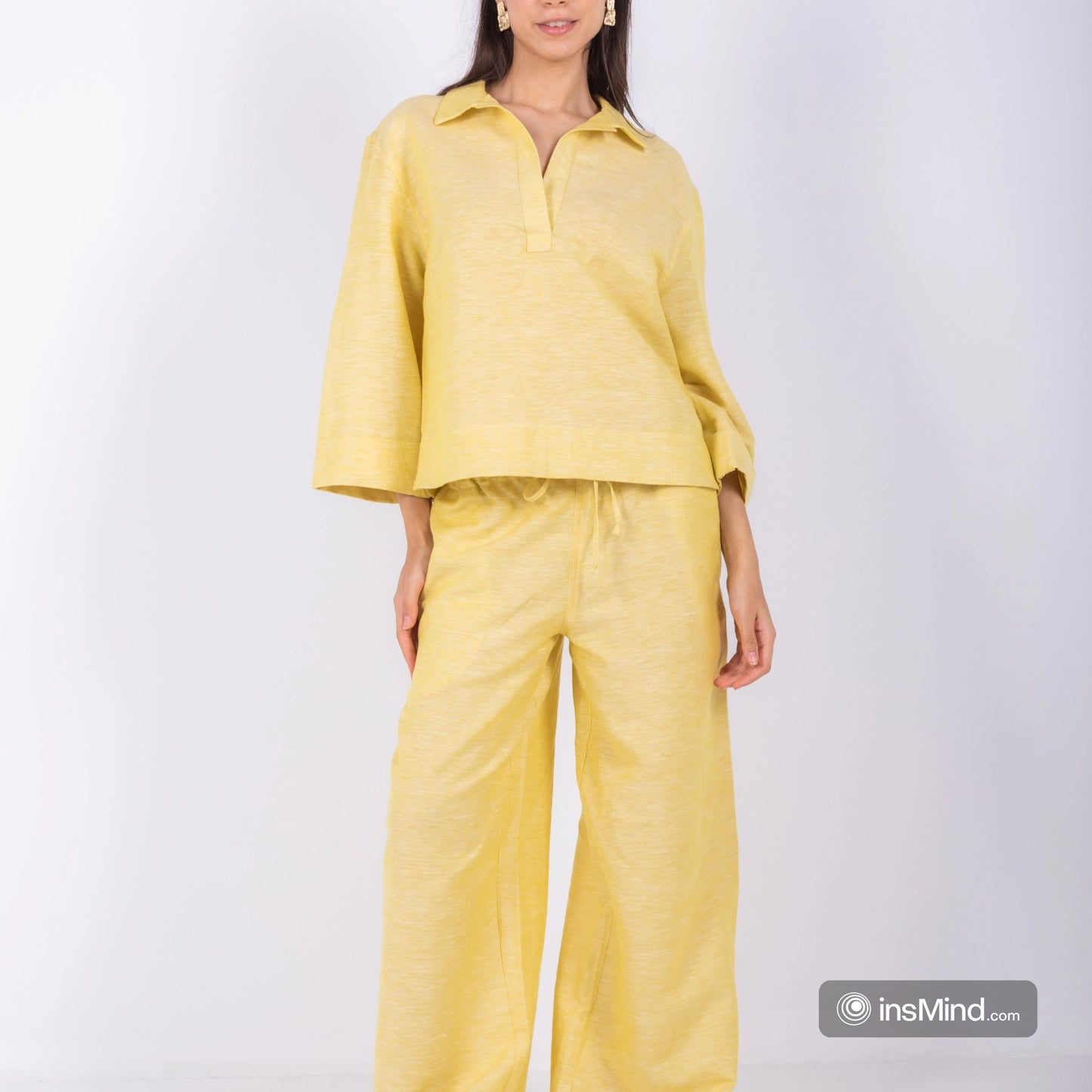 Yellow Wide Leg Pants, 100% Linen