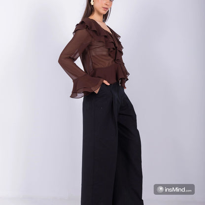 100% BLACK LINEN WIDE-LEG PANTS