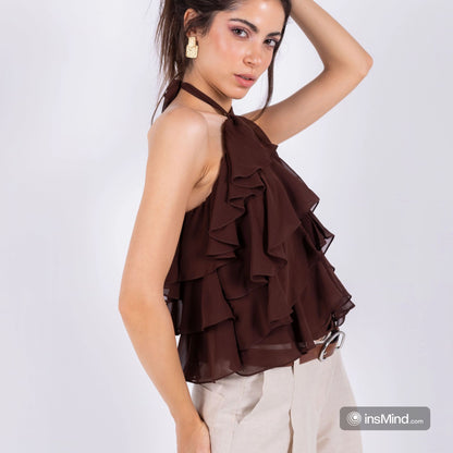 Brown Chiffon Ruffles Top