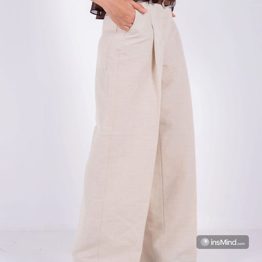 100%BEIGE LINEN WIDE-LEG PANTS